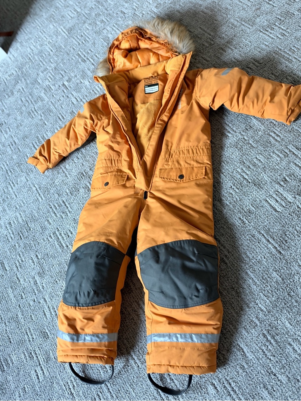 Kuling Kids Orange One-Piece Snowsuit with Hood Like New Ages 3-4